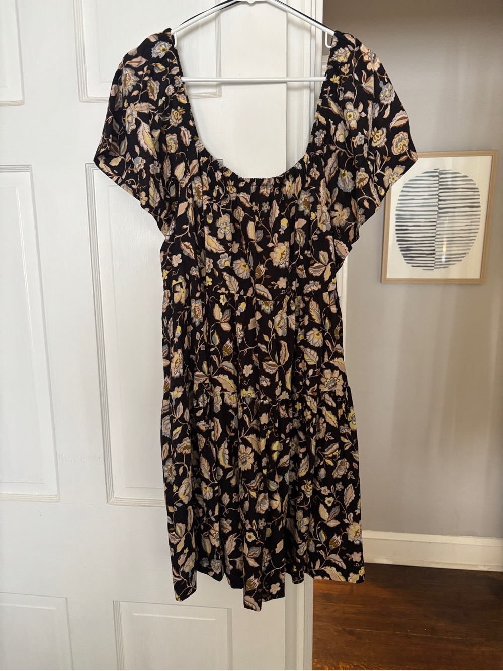 Old Navy Black Floral Scoop-Neck Dress with Cream and Tan Blooms